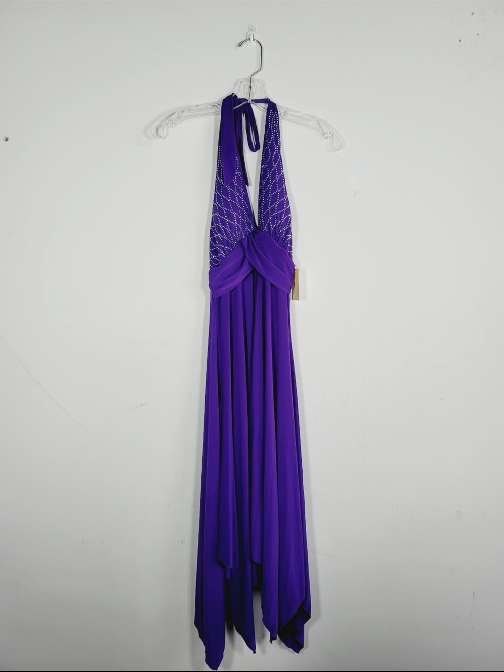 EK CLOTHING Purple Halter Evening Dress with Beaded Bodice, Size Medium